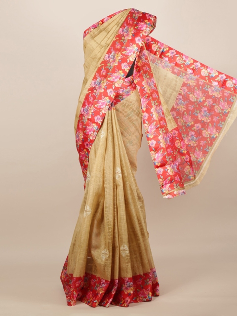 

Pothys Tan Floral Printed Jute Silk Saree
