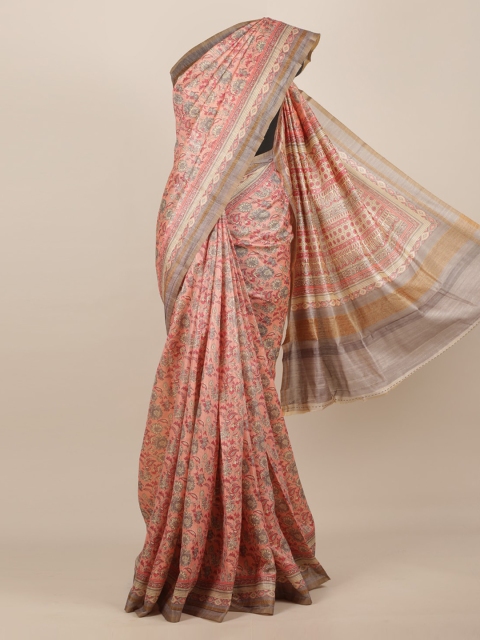 

Pothys Pink Floral Printed Jute Silk Saree