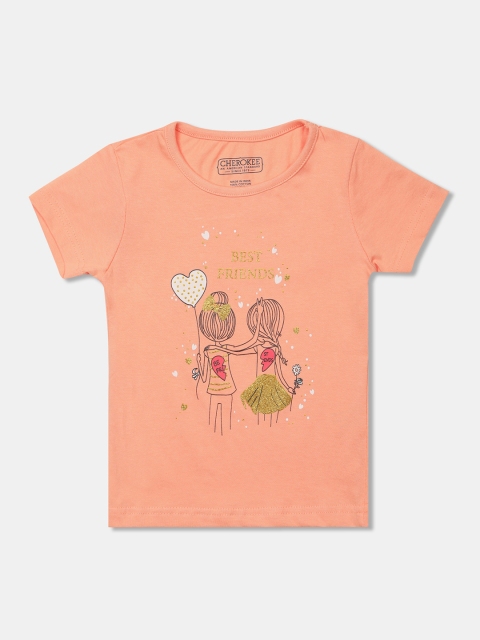 

Cherokee Girls Peach-Coloured Printed Round Neck T-shirt