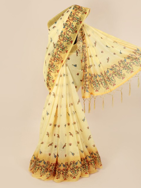 

Pothys Yellow Cotton Blend Printed Chanderi Saree