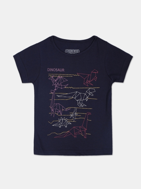 

Cherokee Girls Navy Blue & White Printed Round Neck T-shirt