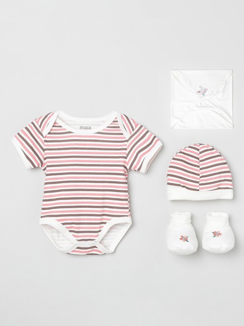 

max Girls White & Pink Striped Cotton Bodysuit with Beanie, Mittens and Wrapper