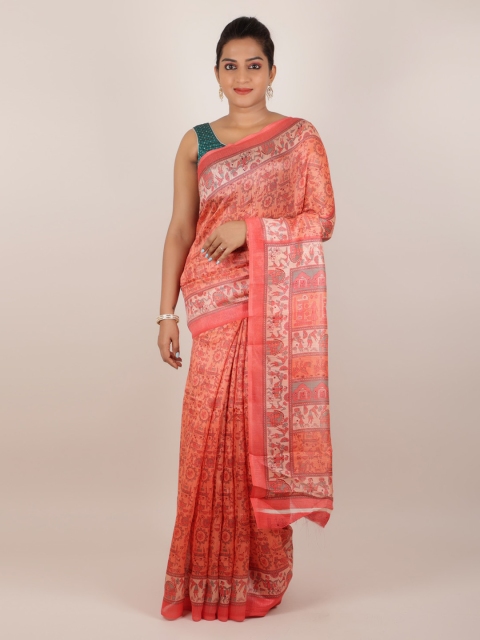Pothys Peach-Coloured Printed Jute Silk Saree