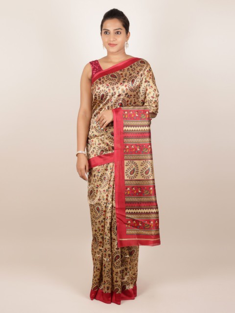 

Pothys Cream-Coloured & Pink Jute Silk Printed Saree