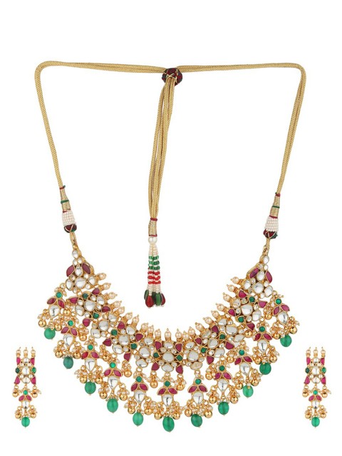 

Runjhun Gold-Plated White & Magenta Pink Kundan-Studded & Beaded Handcrafted Jewellery Set