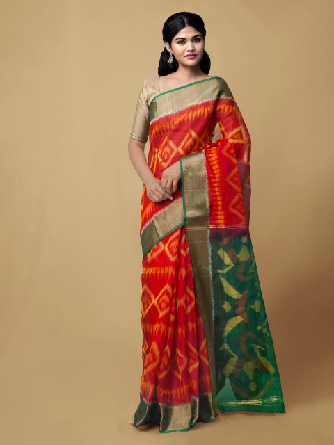 

Unnati Silks Red Pure Cotton Printed Ikat Saree