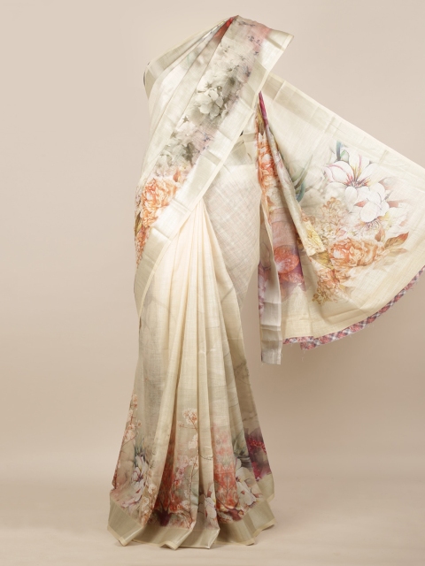 

Pothys Cream-Coloured Floral Printed Linen Blend Saree