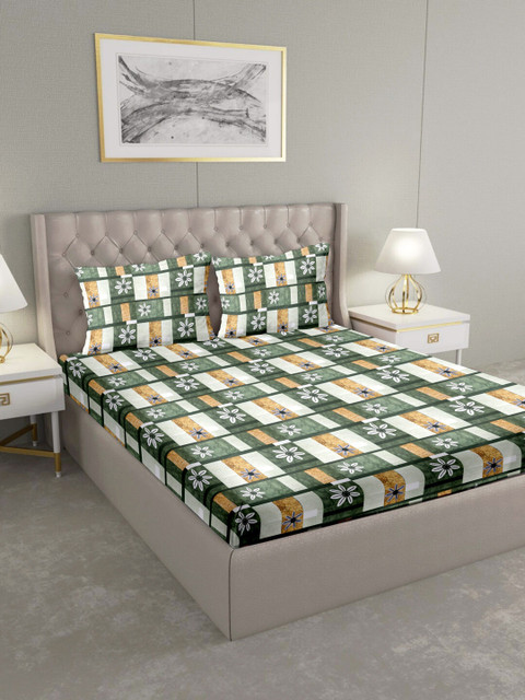 

BELLA CASA Green & White Floral 124 TC Cotton 1 Queen Bedsheet with 2 Pillow Covers