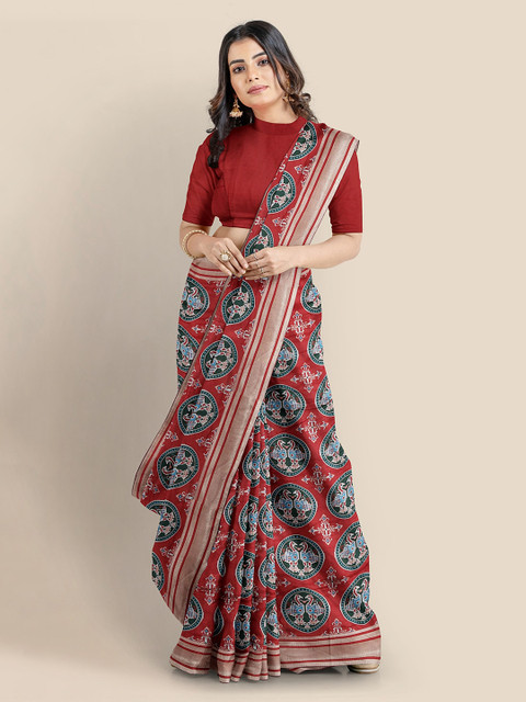 

KLM Fashion Mall Red Silk Blend Printed Banarasi Saree