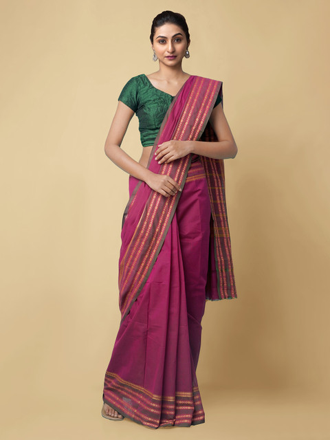

Unnati Silks Pink Pure Cotton Striped Chettinad Saree