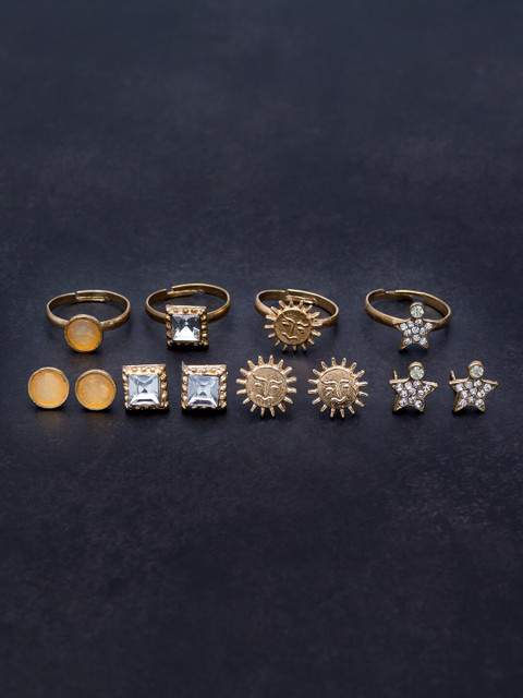 

Golden Peacock Set of 4 Gold-Plated Stone Studded Rings With 4 Pair Earrings