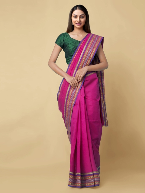 

Unnati Silks Pink Pure Cotton Solid Chettinad Saree