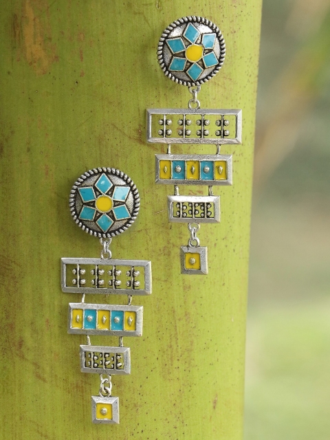 

Adwitiya Collection Silver-Plated & Turquoise Blue Geometric Drop Earrings