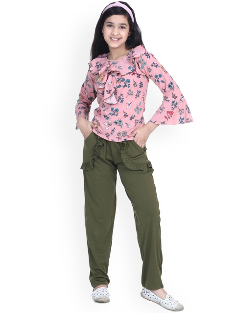 

ADIVA Girls Peach-Coloured & Olive Green Printed Sustainable Top with Trousers