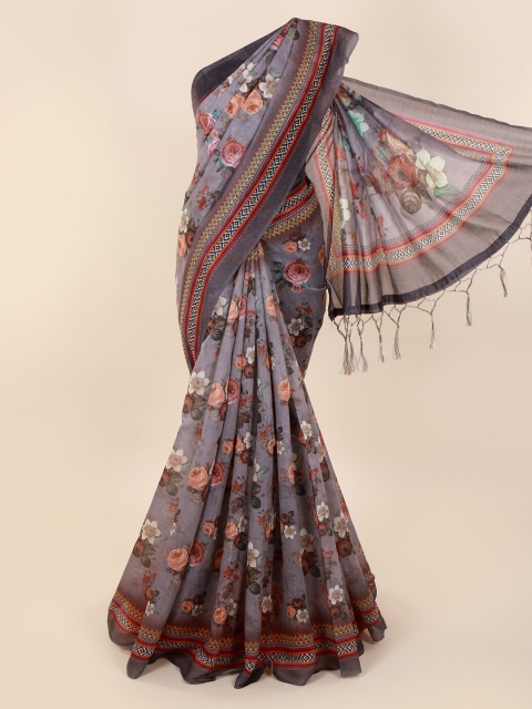 

Pothys Grey Printed Cotton Blend Saree With Tasseled Pallu