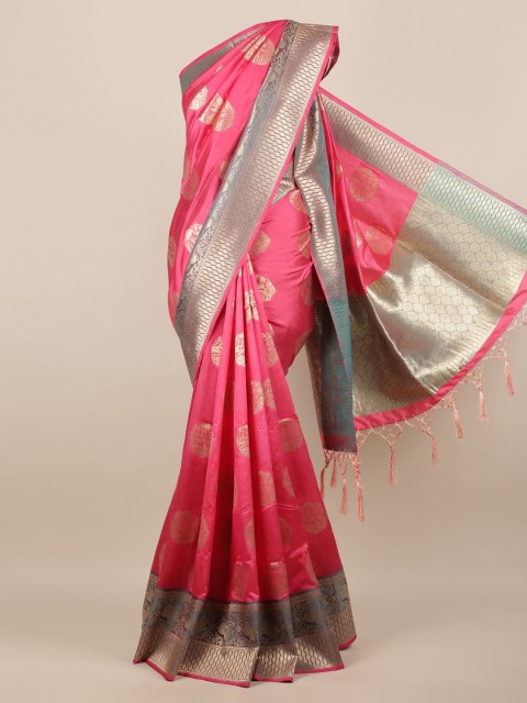 

Pothys Pink & Gold-Toned Jute Silk Woven Design Saree With Tasseled Pallu