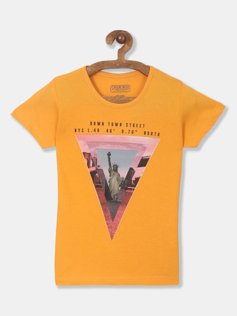 

Cherokee Girls Mustard Yellow & Pink Printed Round Neck T-shirt