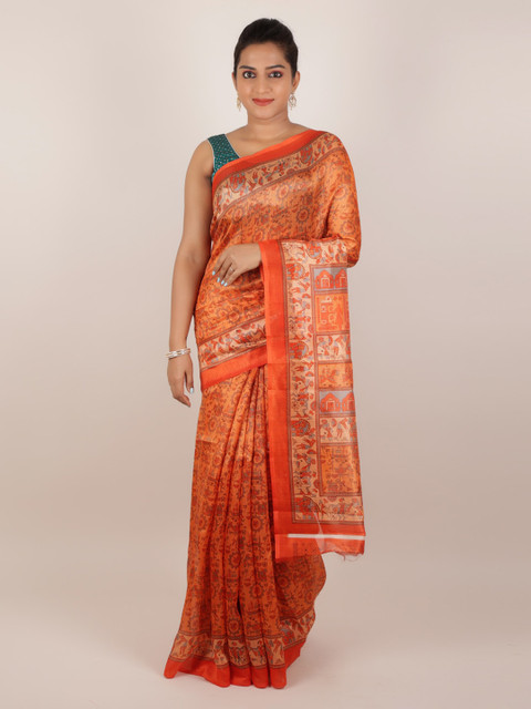 

Pothys Orange Printed Jute Silk Saree
