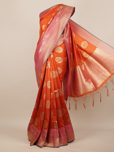 

Pothys Orange & Gold-Toned Jute Silk Woven Design Saree With Tasseled Pallu