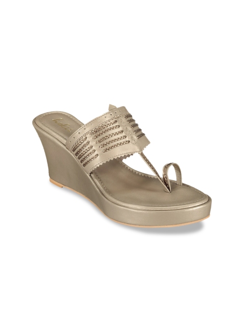 Holii Women Gold-Toned Woven Design Leather Wedges