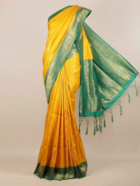 

Pothys Yellow & Green Jute Silk Woven Design Saree With Tasseled Pallu