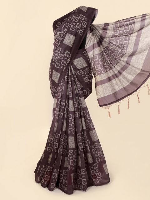 

Pothys Brown & Off-White Cotton Blend Printed Chanderi Saree