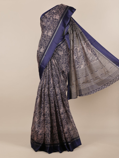 

Pothys Navy Blue Printed Jute Silk Saree