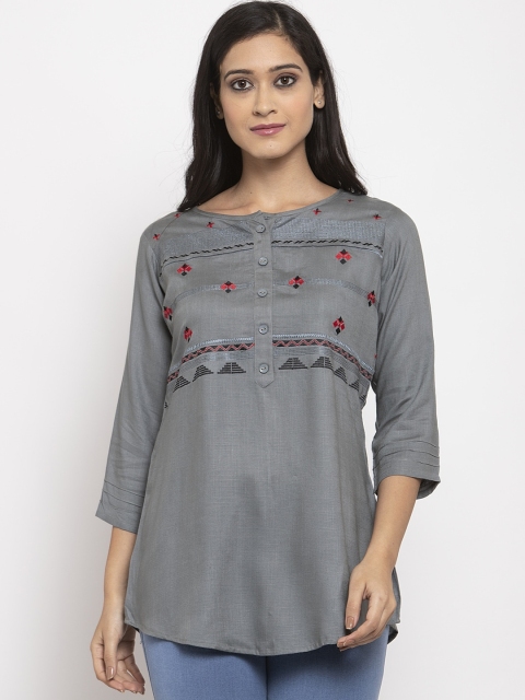 

Baani Creations Women's Grey & Red Embroidered Tunic