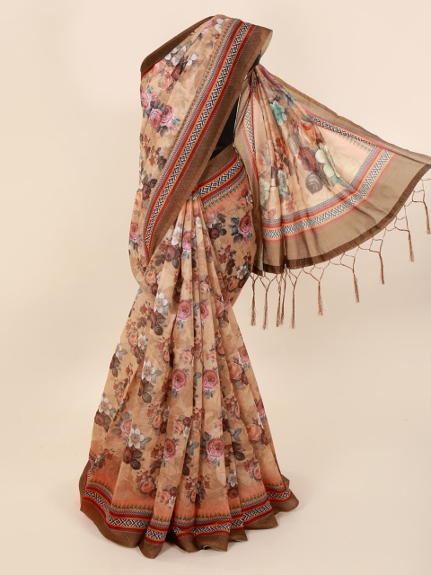 

Pothys Peach-Coloured & Brown Cotton Blend Printed Saree