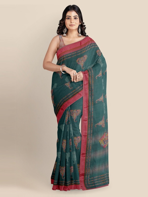 

KLM Fashion Mall Teal Linen Blend Printed Banarasi Saree
