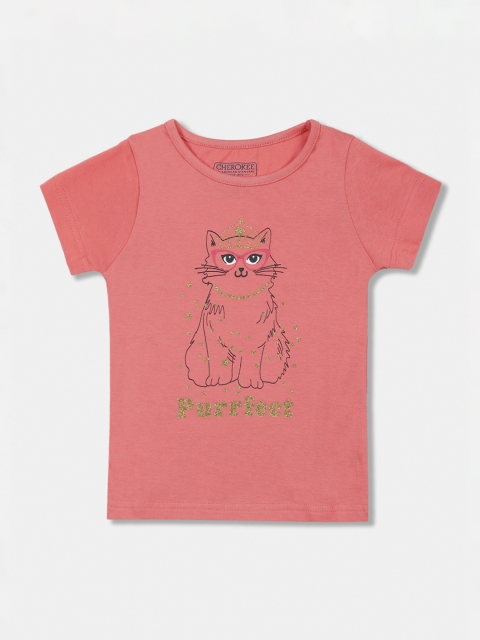 

Cherokee Girls Peach-Coloured & Green Embellished Printed Round Neck T-shirt