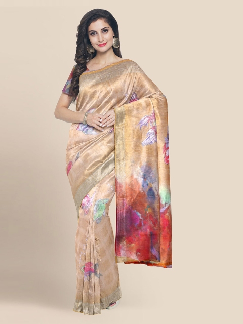 KLM Fashion Mall Gold-Toned Linen Blend Printed Banarasi Saree