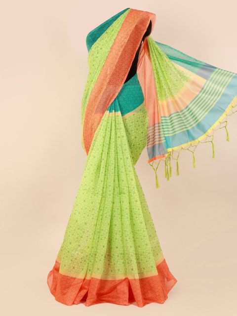

Pothys Lime Green & Orange Cotton Blend Printed Saree