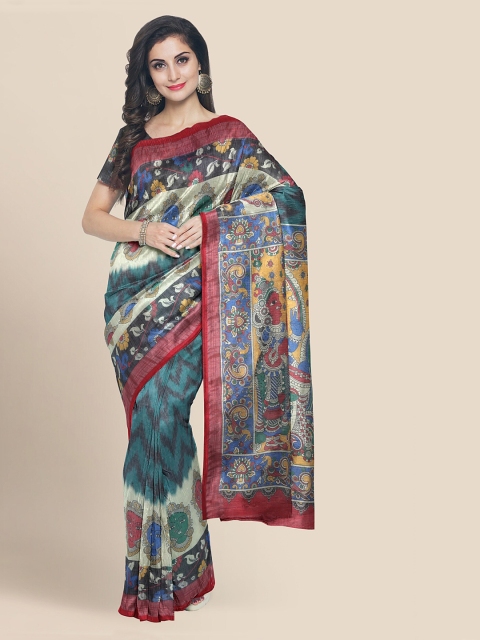 

KLM Fashion Mall Teal Printed Linen Blend Saree