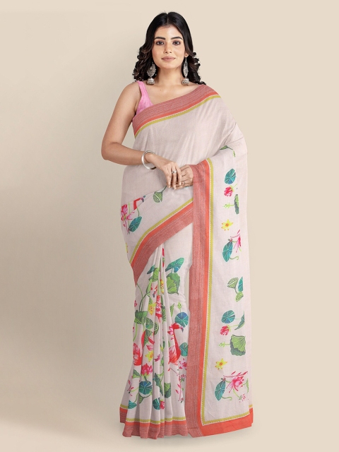 

KLM Fashion Mall Peach-Coloured Printed Linen Blend Saree