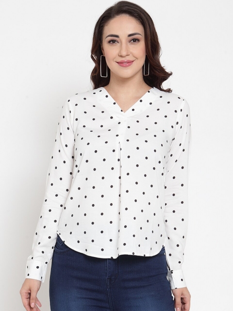 Baani Creations Women White & Black Polka Dot Printed Shirt Style Top