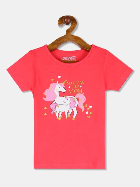 

Cherokee Girls Coral Pink & White Printed Round Neck T-shirt