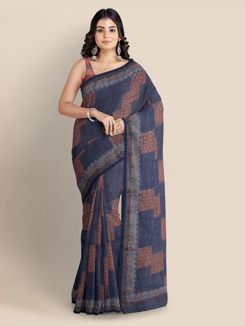 

KLM Fashion Mall Navy Blue Printed Linen Blend Saree