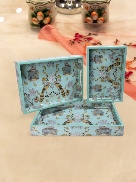 

Tistabene Set Of 3 Sea Green & Beige Cage Print Enamel Designer Trays