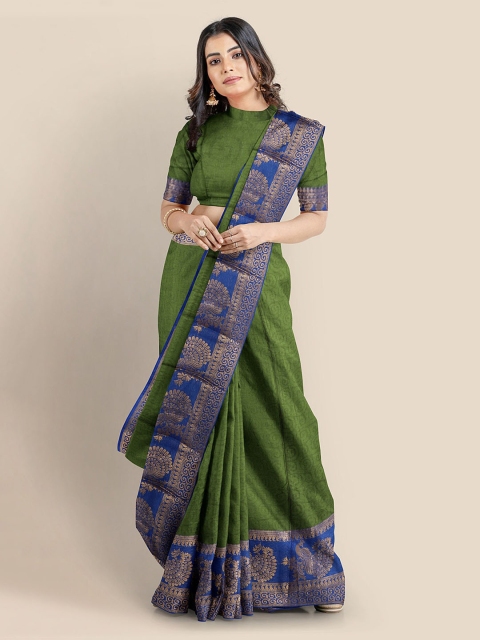 

KLM Fashion Mall Olive Green Silk Blend Solid Banarasi Saree