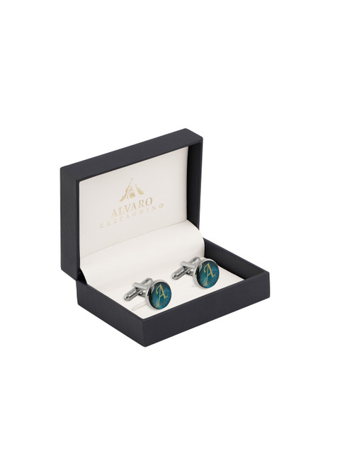 

Alvaro Castagnino Silver-Toned & Turquoise Blue Round Cufflinks