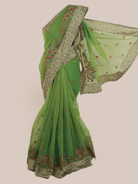 

Pothys Green & Brown Supernet Embroidered Saree