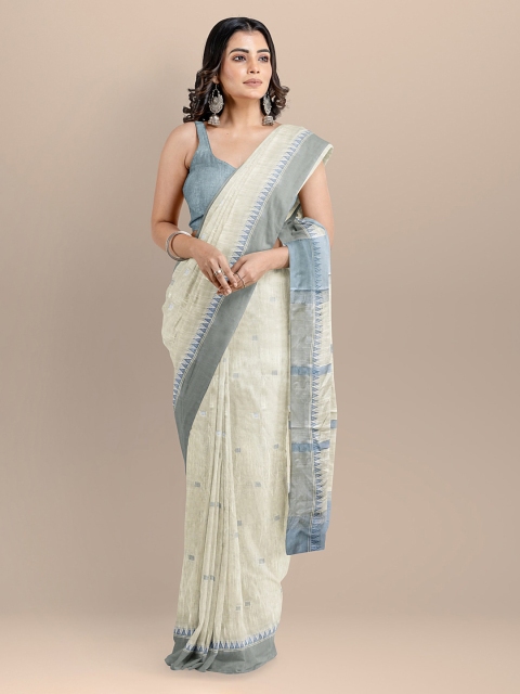 

BharatSthali Off-White & Blue Pure Cotton Woven Design Maheshwari Saree