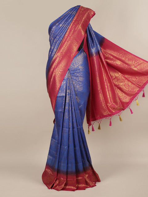 

Pothys Blue & Gold-Toned Jute Silk Woven Design Saree With Tasseled Pallu