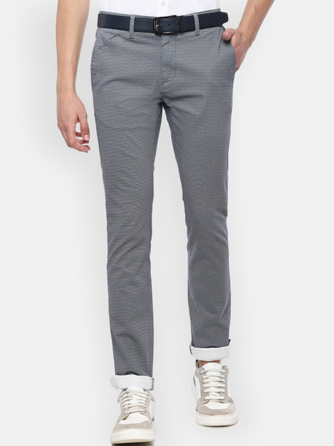

V Dot Men Grey & White Slim Fit Self Design Regular Trousers