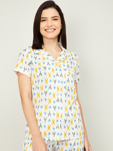 

Ginger by Lifestyle Women White & Yellow Printed Cotton Lounge Shirt