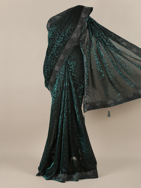 

Pothys Black & Green Net Woven Design Saree With Tasseled Pallu
