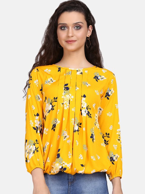 

Clothzy Yellow & Black Floral Printed Puff Sleeves Accordion Pleats Crepe Blouson Top