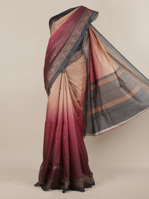 

Pothys Peach-Coloured & Maroon Jute Silk Printed Saree