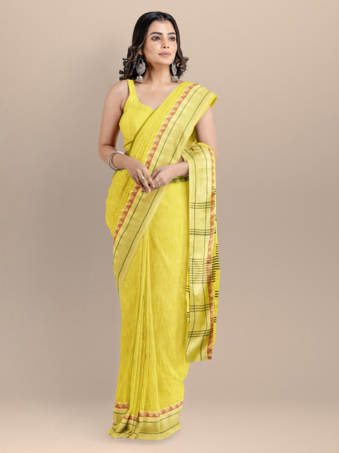 

BharatSthali Yellow & Gold-Toned Silk Cotton Solid Maheshwari Saree